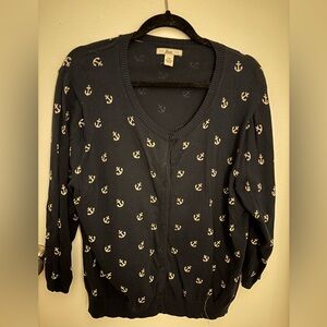 Bass Navy Cardigan with Cream Anchor Motif